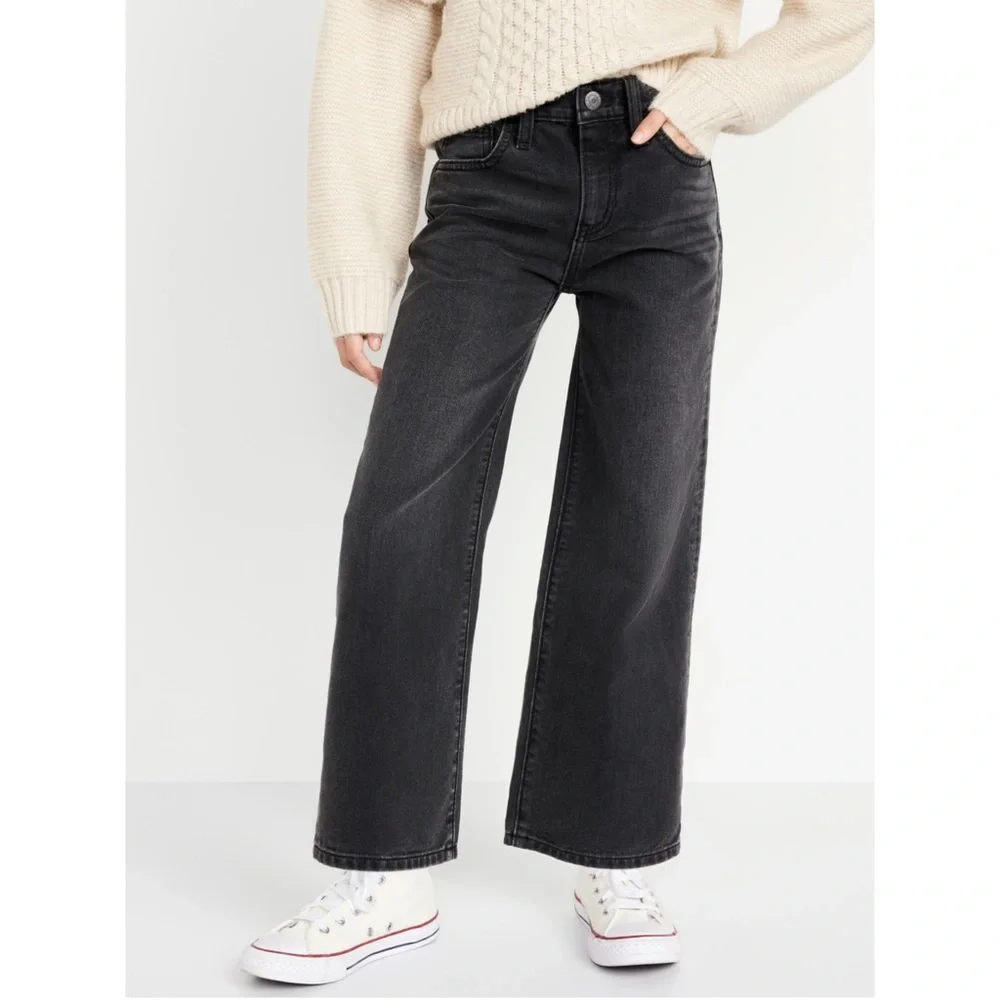 Old Navy Girls High Waisted Baggy Wide Leg Jeans Black Wash Built-In Tough Denim